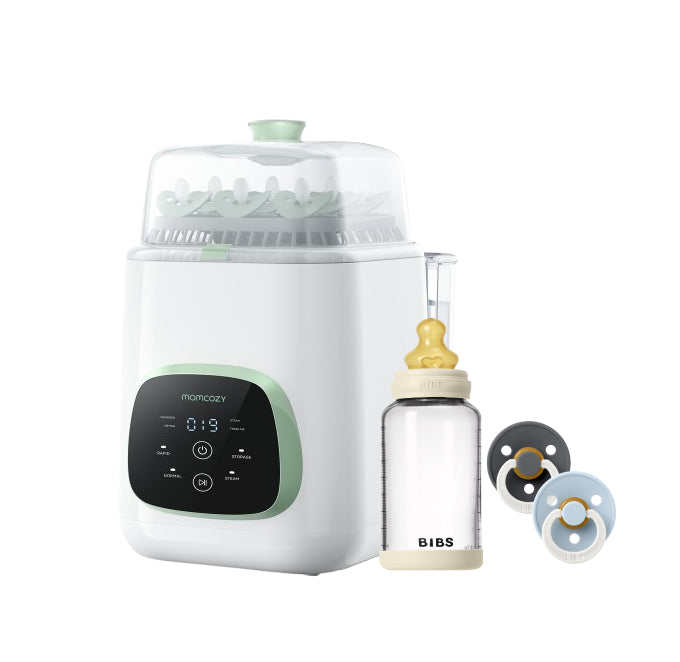 Momcozy KleanPal Pro Baby Bottle Washer + Bibs Glass Bottle Round Latex Medium Flow (240ml) + Pacifier Colour 2 Pack Latex Size 2