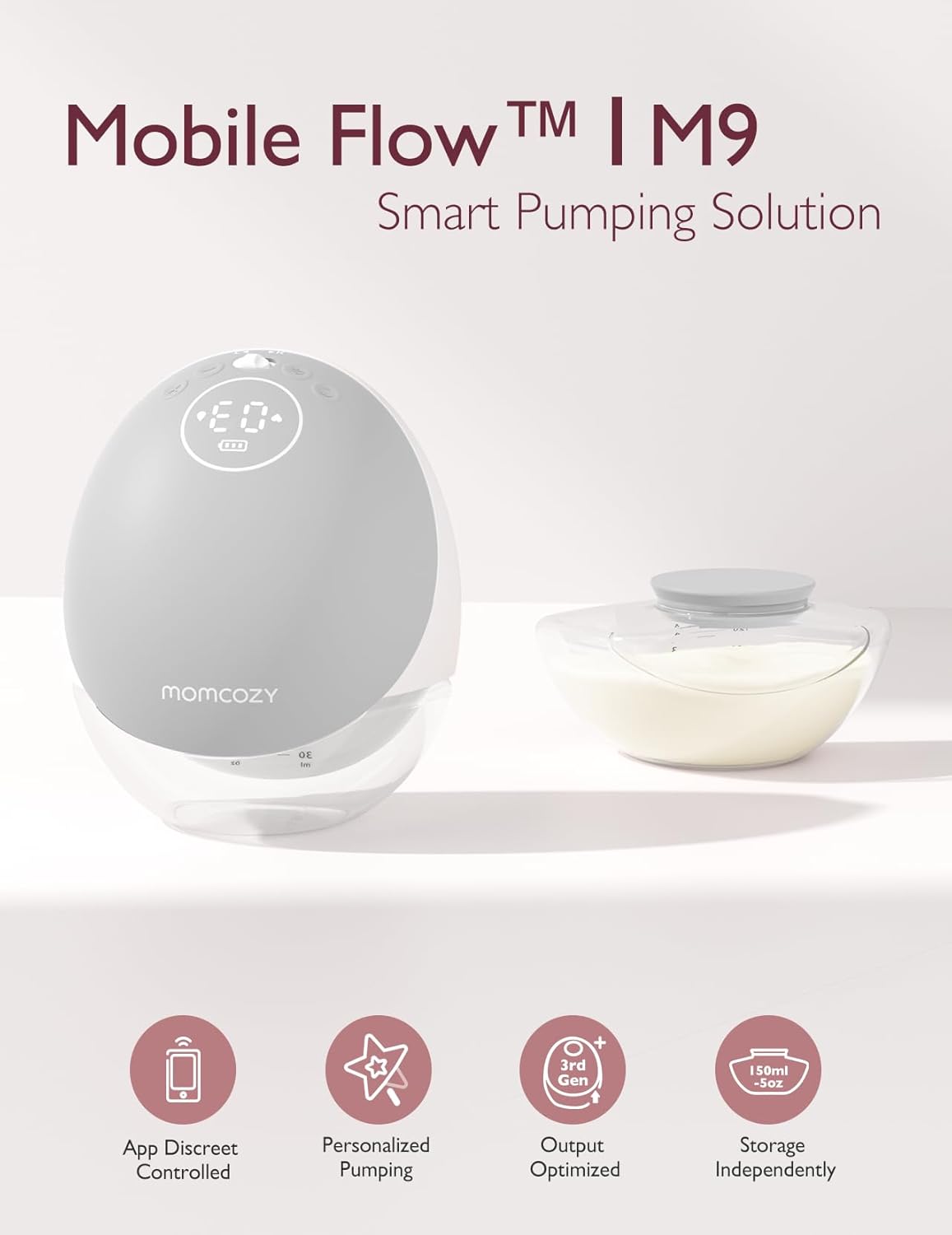 Momcozy M9 Wearable Breast Pump, Mobile App Controlled - Grey