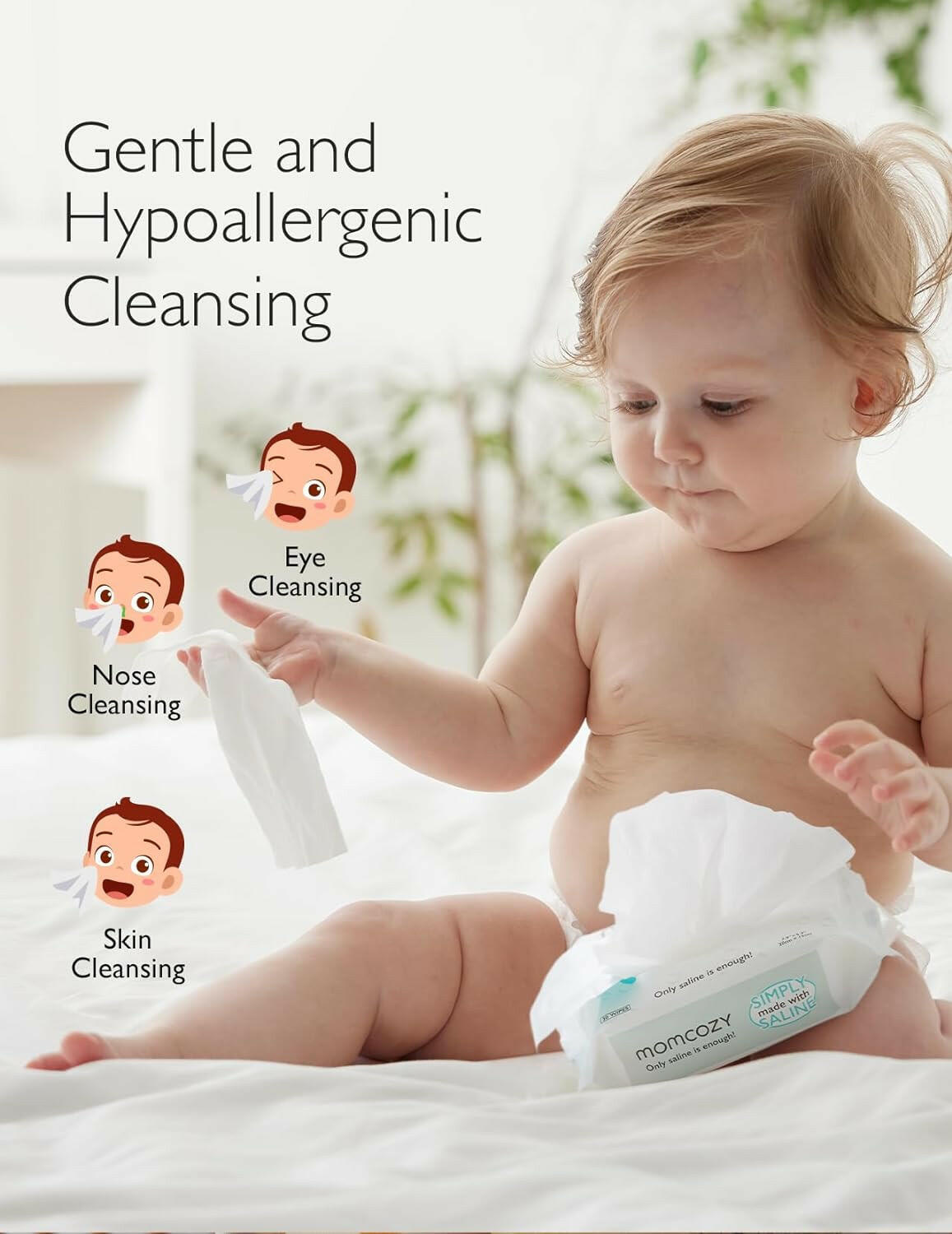 Baby Wipes, Momcozy Nose Saline Baby Wipes, Unscented for Sensitive Skin.