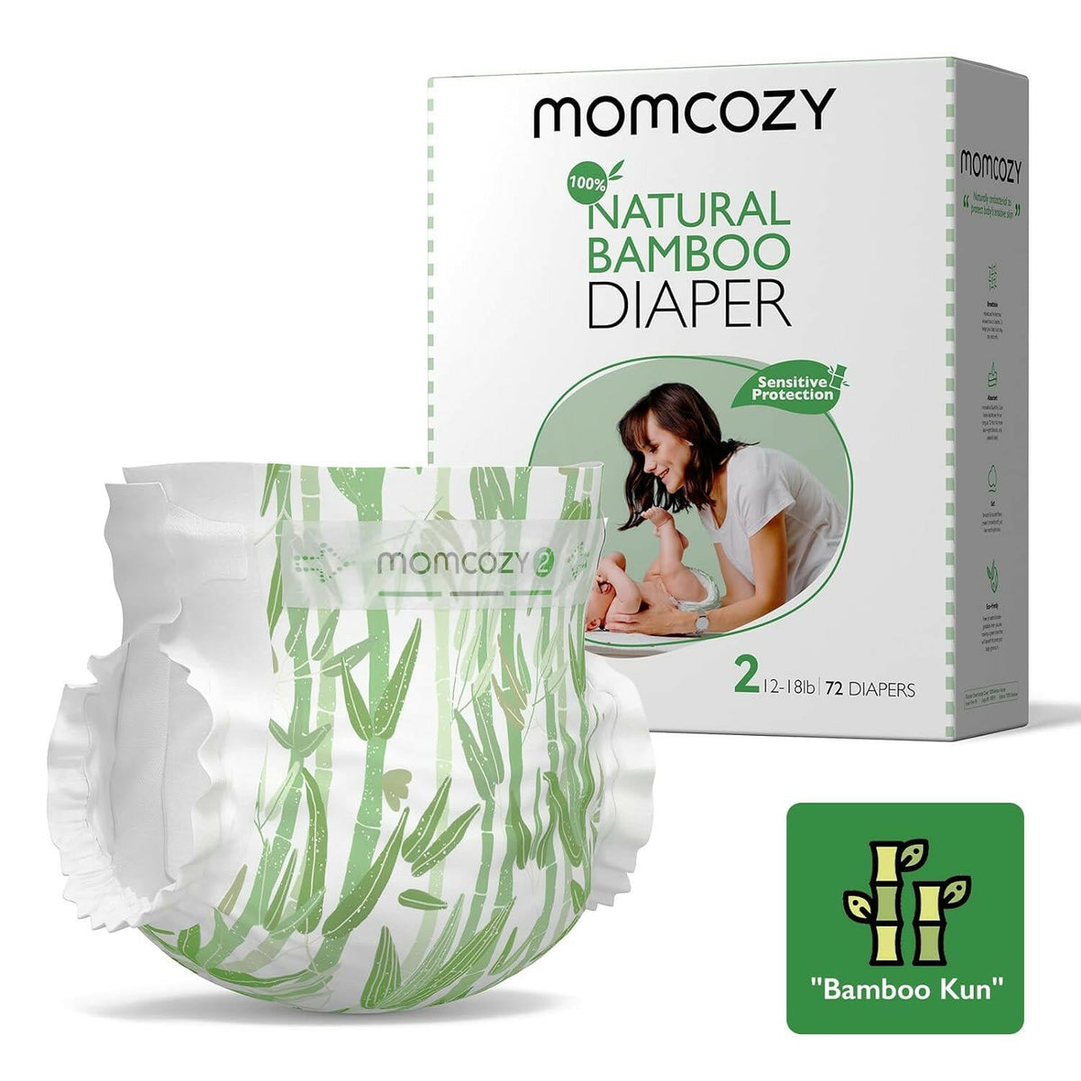 Momcozy Baby Diapers, Natural Bamboo Diapers for Sensitive Skin with Leak-Proof 3D Legcuffs.
