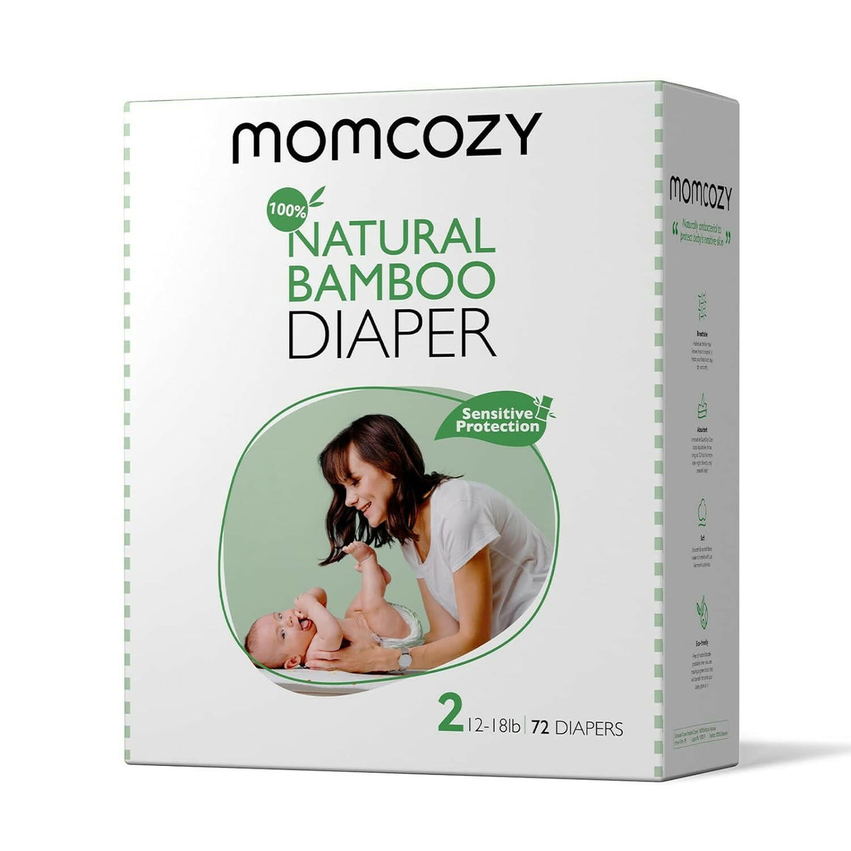 Momcozy Baby Diapers, Natural Bamboo Diapers for Sensitive Skin with Leak-Proof 3D Legcuffs.