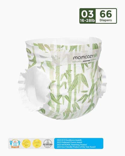 Momcozy Baby Diapers, Natural Bamboo Diapers for Sensitive Skin with Leak-Proof 3D Legcuffs.