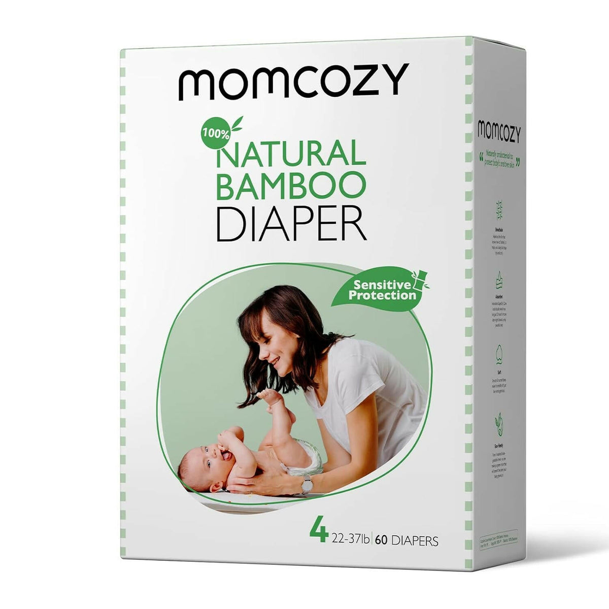 Momcozy Baby Diapers, Natural Bamboo Diapers for Sensitive Skin with Leak-Proof 3D Legcuffs.